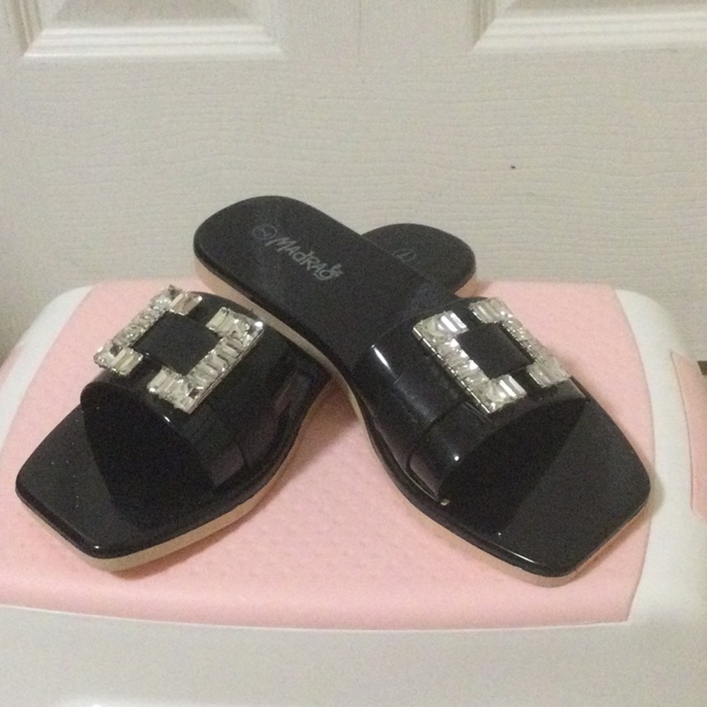 Black Jeweled Slide Sandals - Women's Slip-On Flats